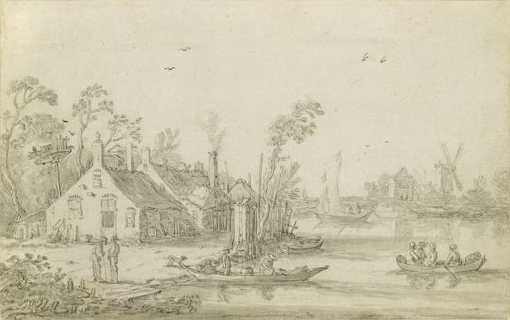  A River Scene with Rowing Boats, Cottages on the Shore and a Windmill in the Distance